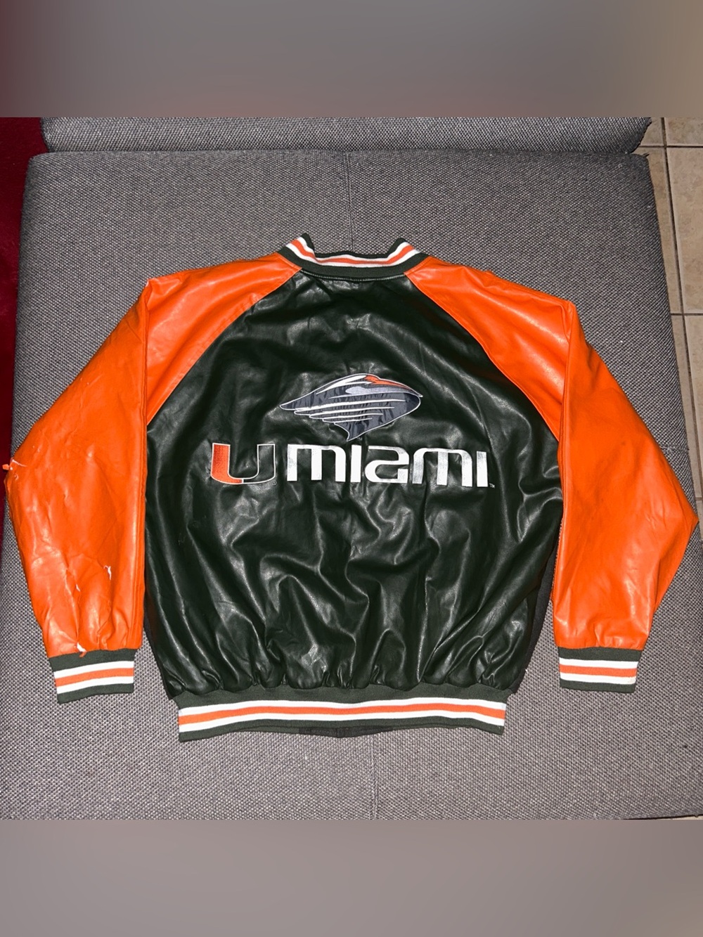 Rare 90s/00s Miami Hurricanes Leather Varsity Jacket - Orange & Green